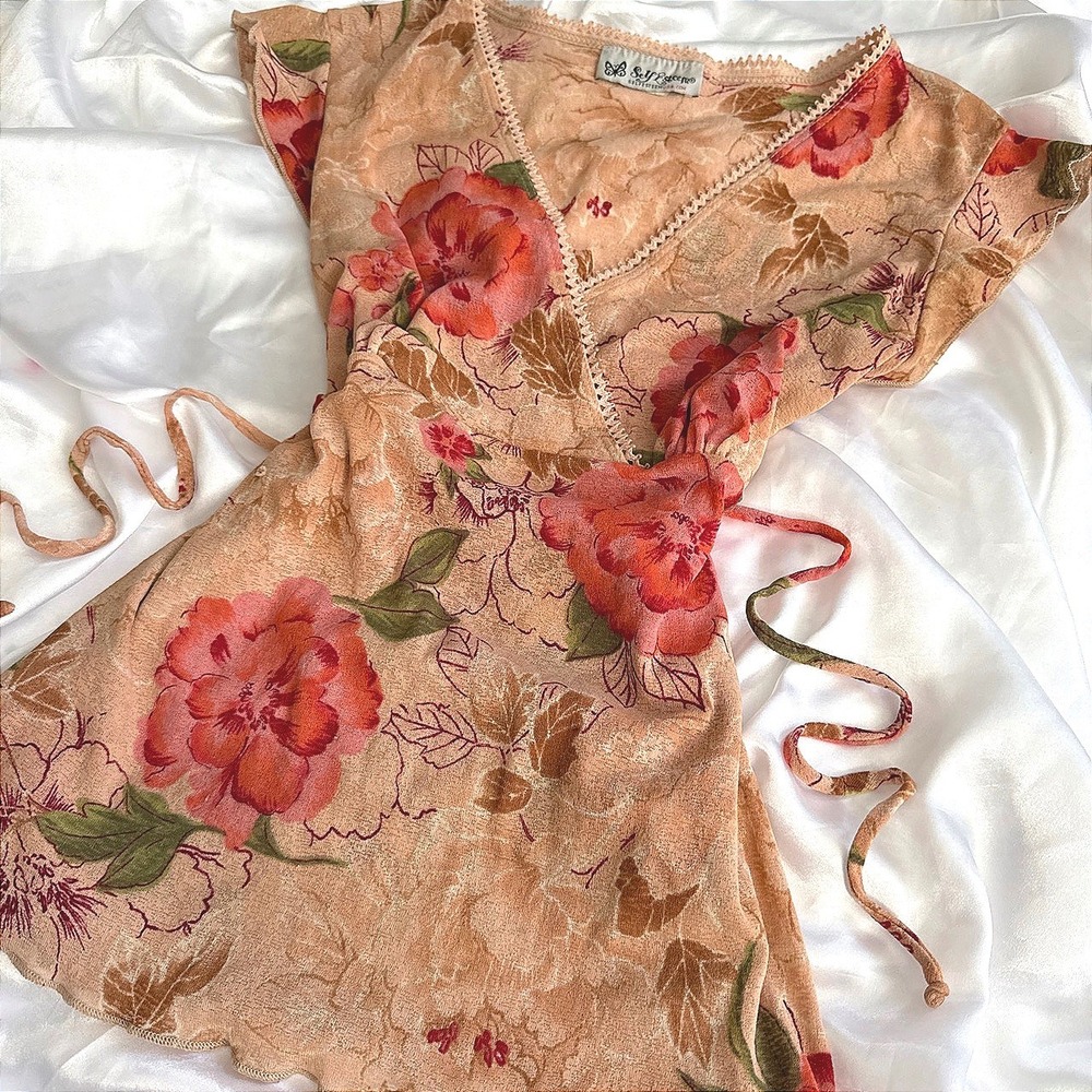 Self Esteem Vintage Y2K Floral Mesh Wrap Top Peach Coral Lace Trim Medium